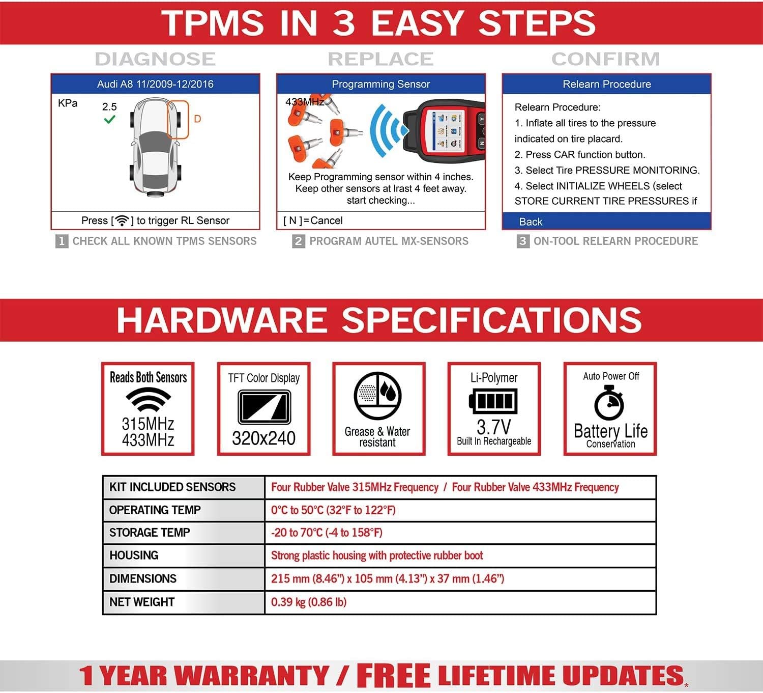 Autel TS508 TPMS Relearn Tool with $240 Value Sensor Kit (4 PCS 315MHz & 4PCS 433MHz), Upgrade of TS501, TS408, Program MX-Sensors, Activate/Relearn All Sensors, Read/ clear TPMS DTCs