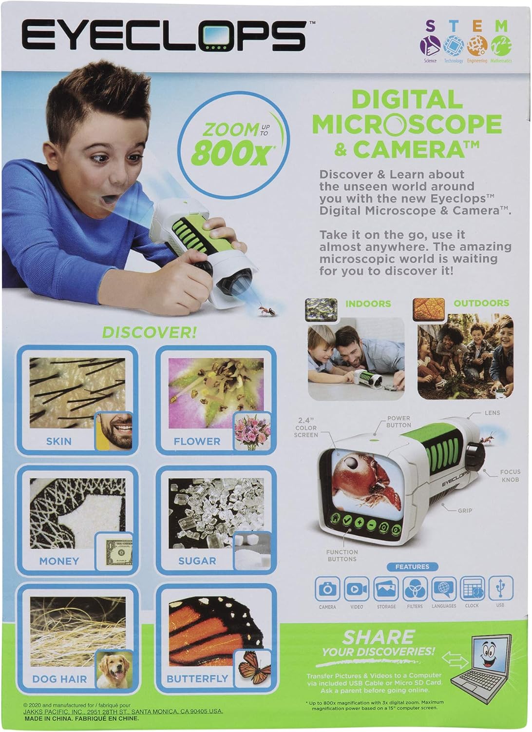 EyeClops Digital Microscope & Camera with built in color screen -800X Zoom- Wireless - Use indoors & outdoors- Take pictures & video - Download to Windows PC & Mac – STEM
