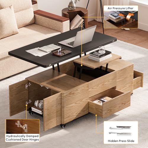 homary Black Lift-Top Coffee Table with Hidden Storage, 3-in-1 Modern Folding Center Table with 4 Stools, Casters, and Lockable Wheels – Convertible Dining & Office Table for Living Room
