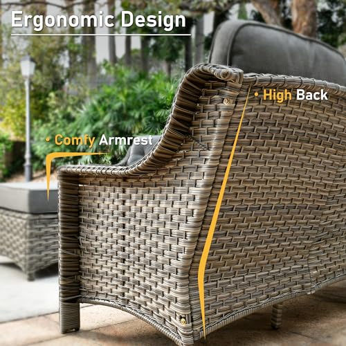 6 Piece Patio Furniture Sets with Fire Pit Table,Outdoor Wicker Furniture Set,All Weather Resistant Outside High Back Rattan Conversation Set for Out Door(Red)