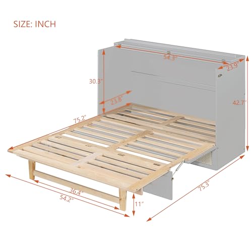 Queen Size Murphy Bed, Murphy Cabinet Bed with Large Drawer, Can Be Foldable, Space Saving, Wooden Low Bedframe for Bedroom, Apartment (White, Queen)