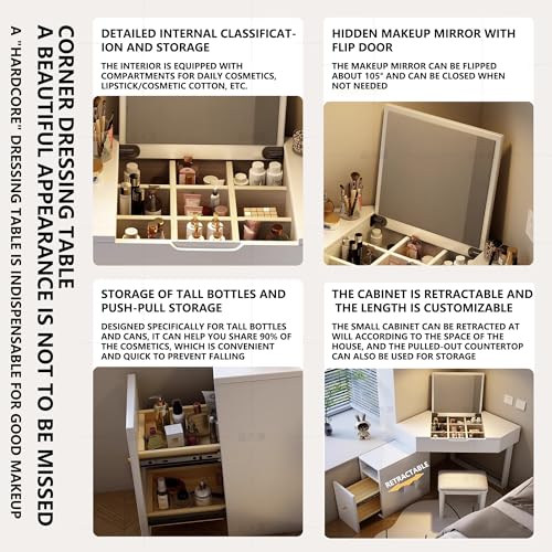 Vanity Desk with Storage Cabinet, Solid Wood Corner Makeup Vanity with Flip-Top Mirror, Expandable Cupboard, Stool, dresser with mirror, makeup table for Small Bedroom (White)