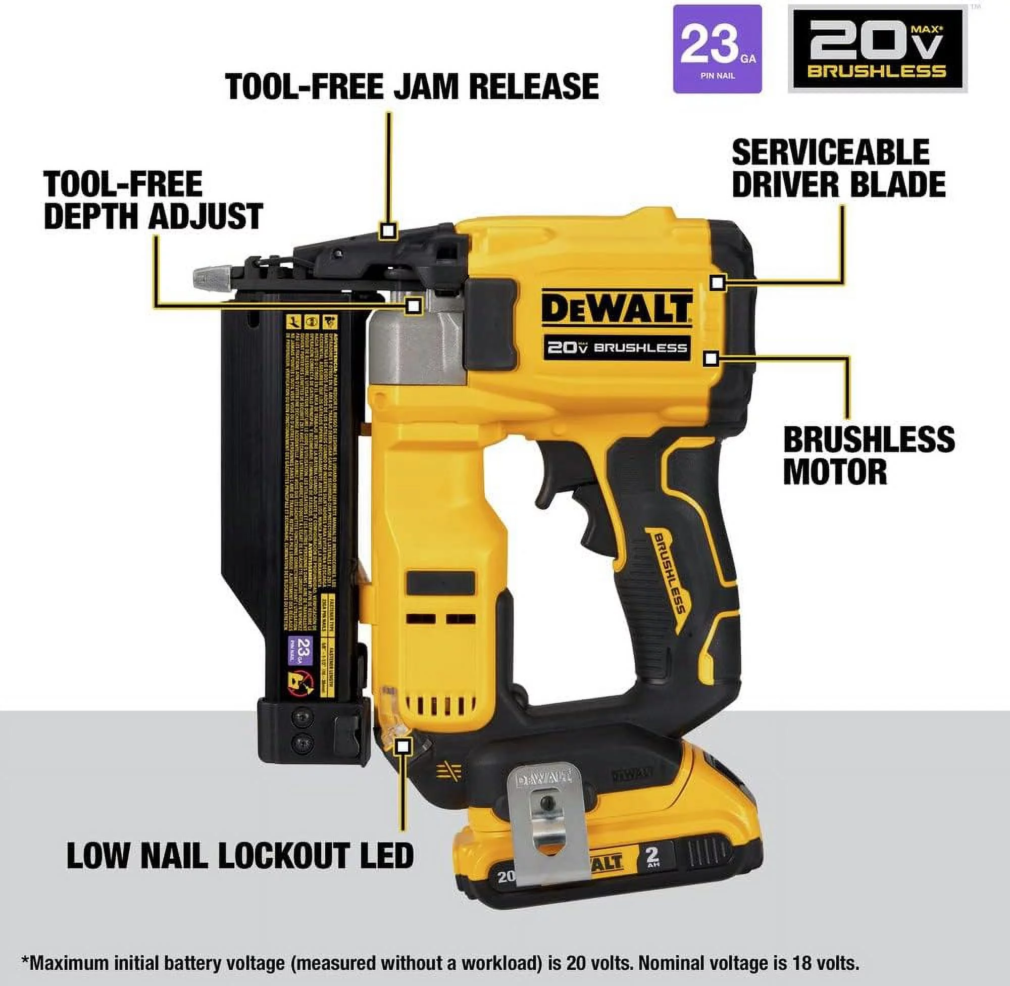 DEWALT ATOMIC 20V MAX Lithium Ion Cordless 23 Gauge Pin Nailer Kit with 2.0Ah Battery and Charger (DCN623D1)