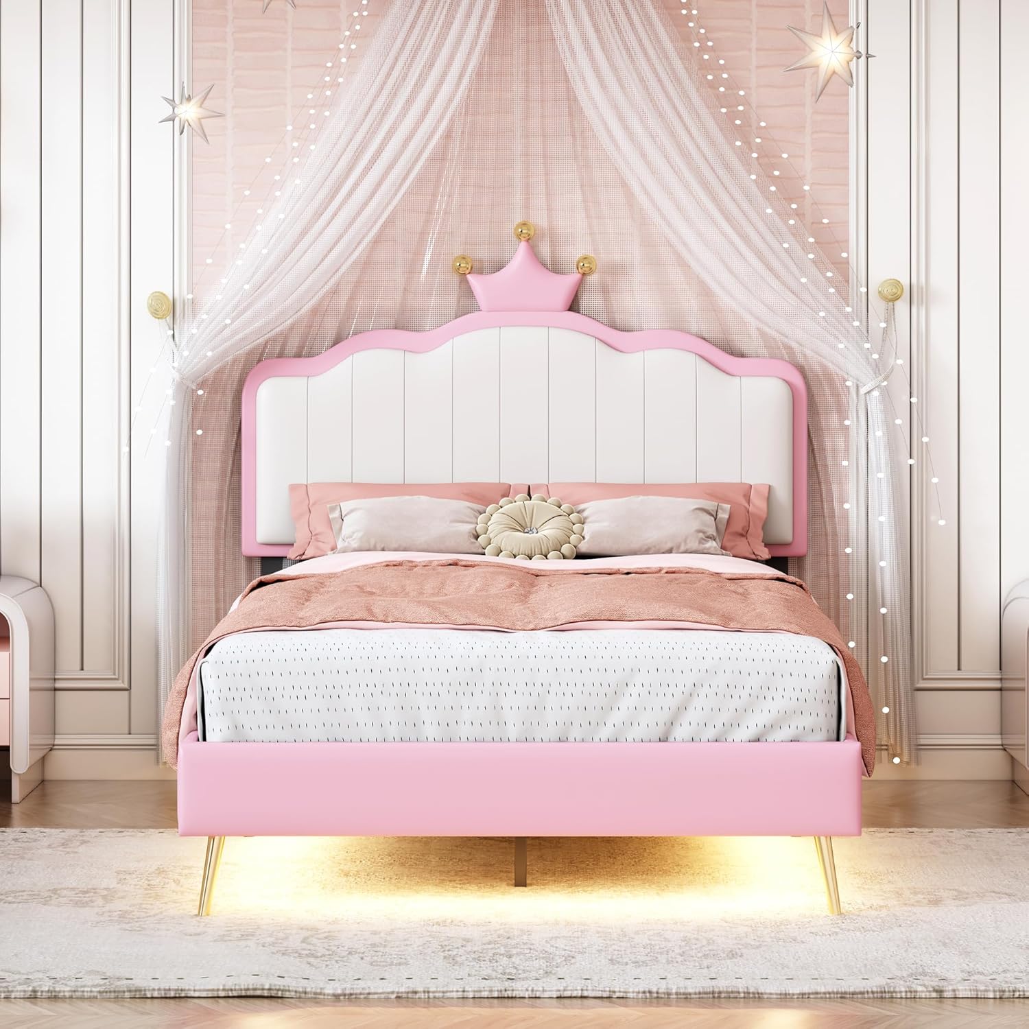 P PURLOVE Twin Upholstered Platform Bed with Light Strips and Golden Metal Legs, Wooden Platform Bed Frame with Footboard and Crown Headboard, PU Leather Princess Bed for Girls (White and Pink)