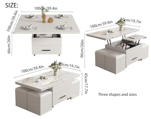 3 in 1 Expandable Wood Dining Table with 4 Storage Stools - Multi-Function Lift Top Coffee Table with Drawer for Living Room(White)