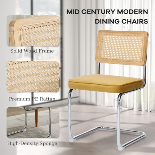 SoarFlash Velvet Dining Chair Set of 2 Modern Upholstered Kitchen Chair with Natural Cane Back, Stainless Chrome Base for Dining Room, Club(Green)
