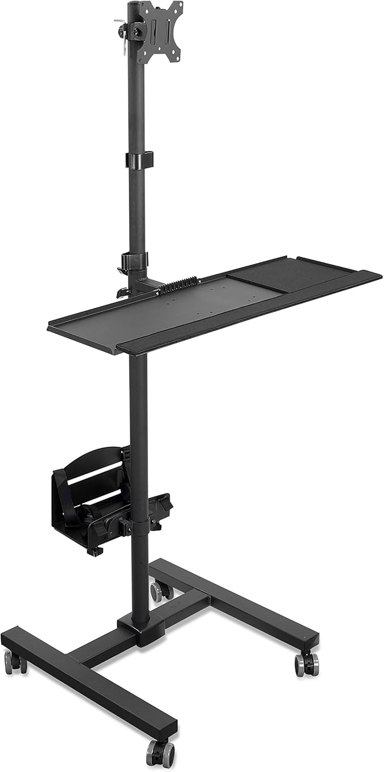 Mount-It! Rolling Computer Cart, Mobile Workstation with Tray Monitor Mount and CPU Holder, Height Adjustable and Mobile Stand for Office and Industrial Use
