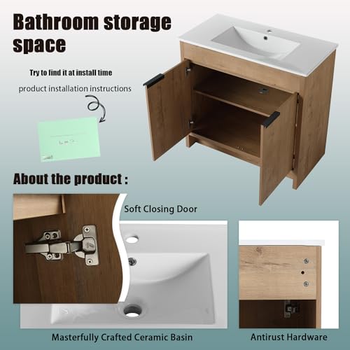 30"" Bathroom Vanity with Sink, 30 Inch Freestanding Bathroom Vanity, Single Sink Bathroom Vanity Combo, Modern Bathroom Vanity, Brown Floor Standing Cabinet Set, DqYLBVB02430IMO+BL9075B