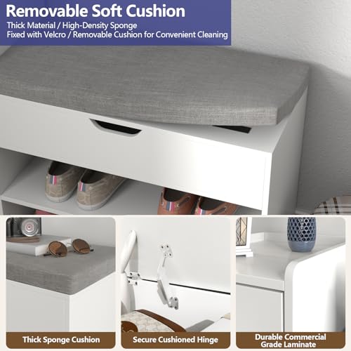 Loomie Shoe Storage Bench, 2-Tier Farmhouse Entryway Bench with Sliding Barn Door Storage Cabinets & Full Soft Removable Seat Cushion, Silm Shoe Rack with Shoe Cabinet for Entryway, Hallway, Bedroom