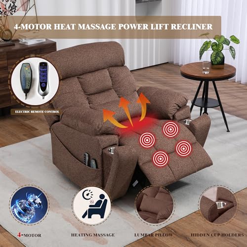 Light Grey Recliner Chair for Elderly | Tall and Big Man 400lbs | Chenille | Power Lift, Lay Flat, Stand Up, Wireless Charging Device, Extended Footrest, Massage Heat, Cup Holder, Lumbar Pillow