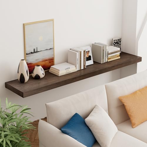 12 Inch Deep Floating Shelves Wall Mounted, 48" Long Solid Wood Hanging Shelves, Live Edge Shelves with Invisible Brackets, Large Storage Display Shelf for Bathroom, Living Room, Kitchen