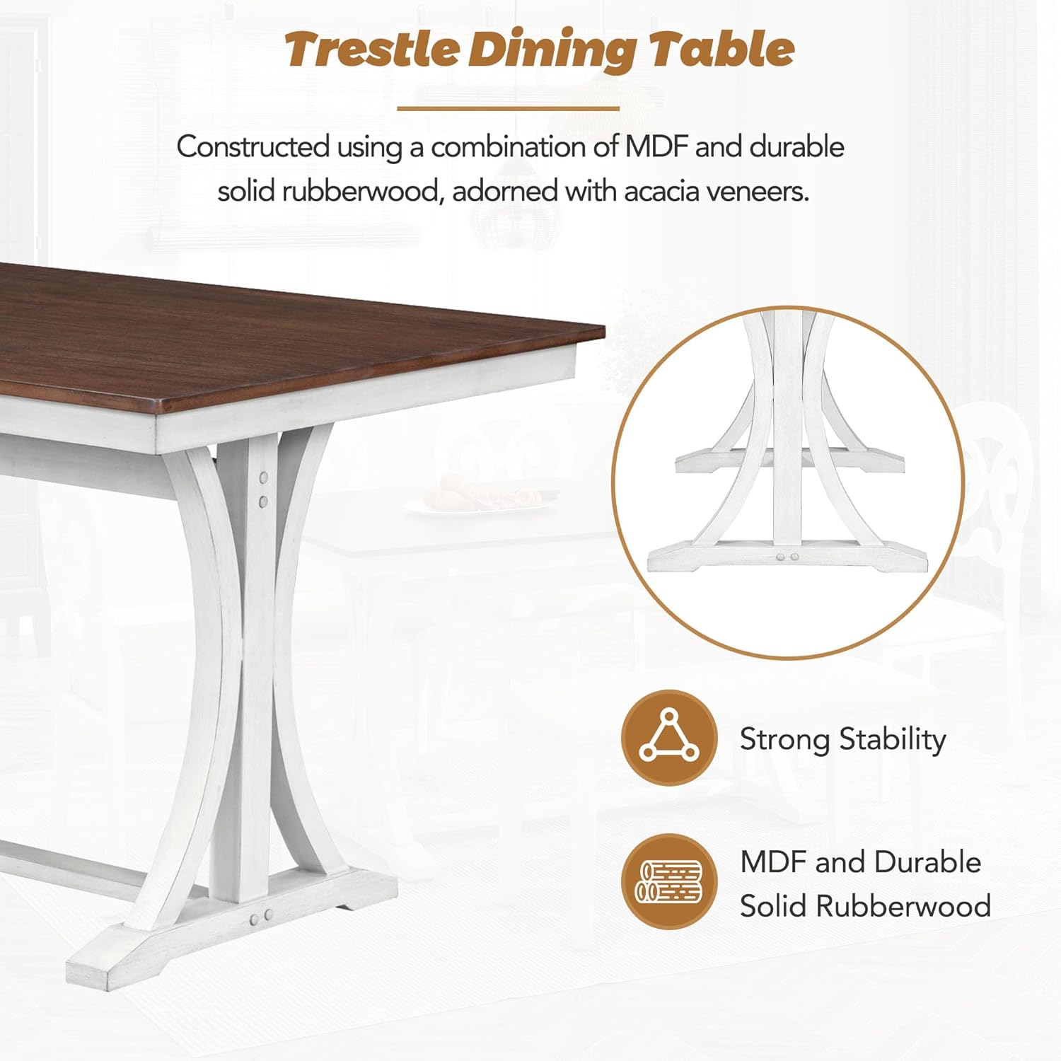 Mid-Century 6-Piece Trestle Table Set with Victorian Round Upholstered Dining Chairs,Vintage Wooden Rectangular Tabletop w/Long Bench,for Living Room/Hostel,Cherry+Antique White