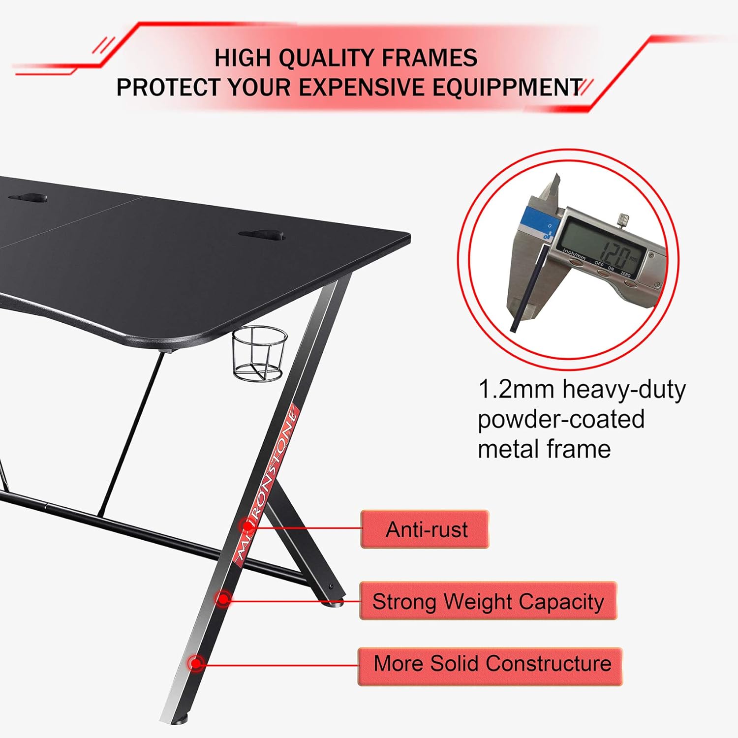 Mr IRONSTONE Large Gaming Desk 63 W x 32 D Home Office Computer Table, Black Gamer Workstation with Cup Holder, Headphone Hook and 3 Cable Management Holes