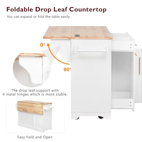 59.3" Rolling Kitchen Island on Wheels with Trash Can Storage Cabinet, Island Table for Kitchen with Power Outlet, Kitchen Cart with Drop Leaf and Internal Storage Rack (Black)