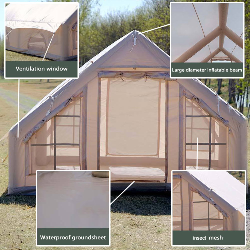 Inflatable Camping Tent with Electric Pump, Glamping Tent, Waterproof Windproof Oxford Tent, Outdoor Blow Up Tent, Easy Setup, Four Season Luxury Cabin Tent with Mesh Windows & Doors
