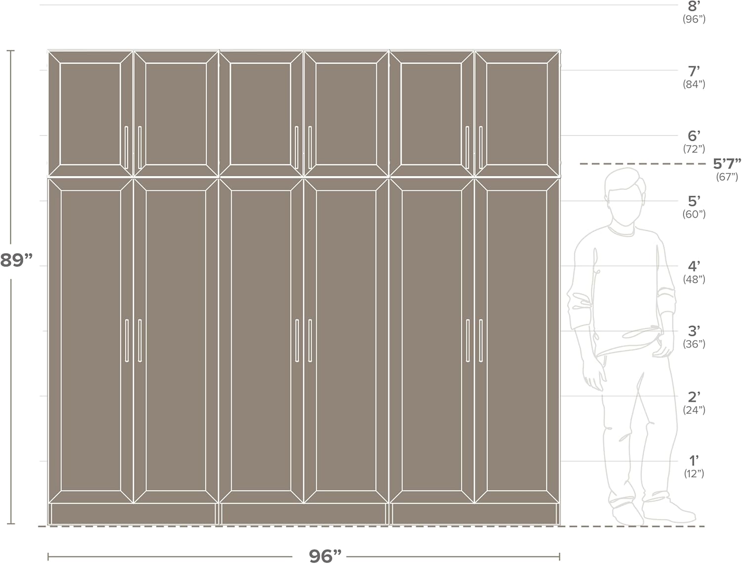 Prepac Elite 6 Piece Panel Doors Closet Organizer System, White Set, Bathroom, Pantry Wall and 3 Storage Cabinets, 16.75" D x 96" W x 89" H