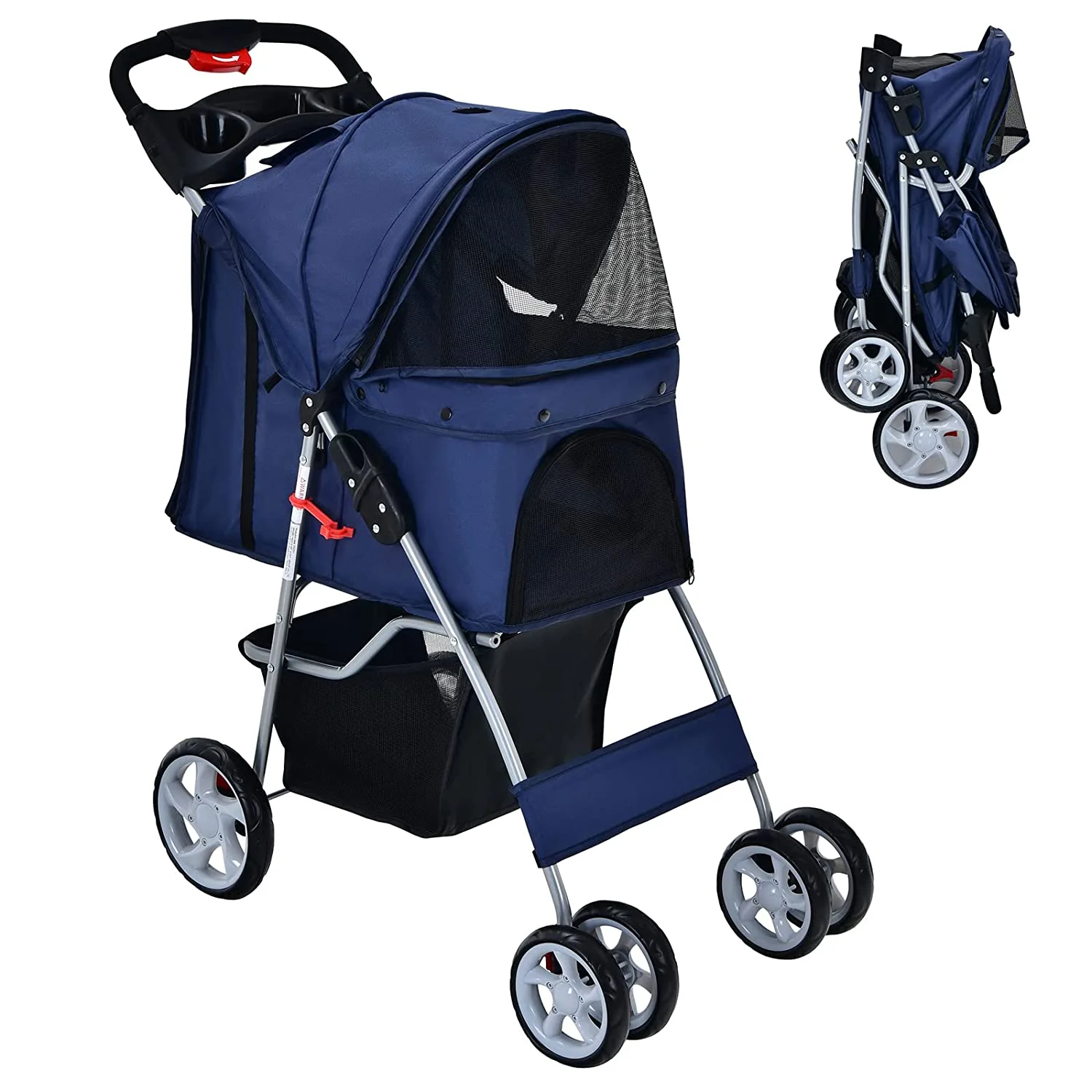 Folding Dog Stroller, Pet Stroller for Small Medium Dogs Cats Puppy, 4 Lockable Wheels Cat Stroller Travel Carrier Strolling Cart with Safety Belt, Removable Liner and Storage Basket (Navy)