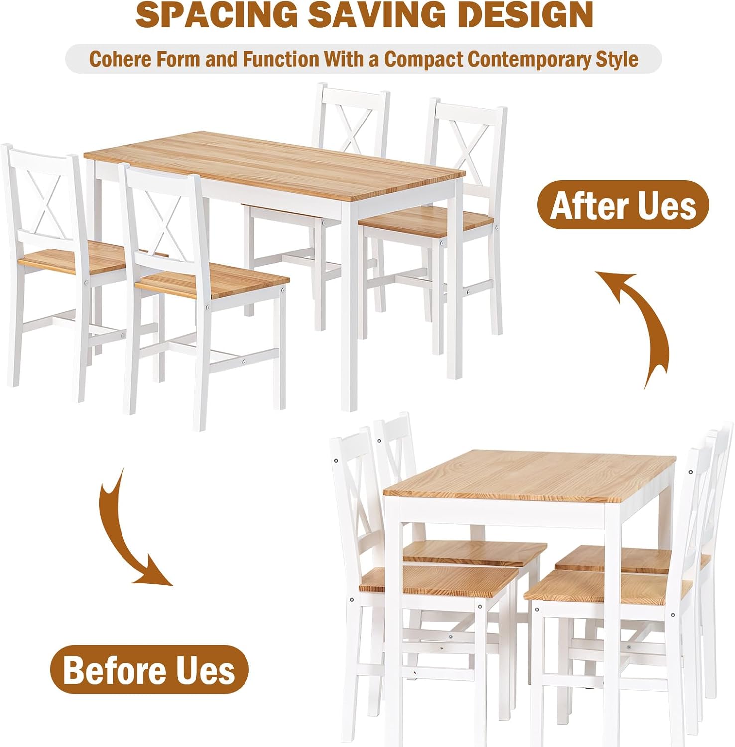 sogesfurniture Kitchen Table and Chairs for 4, Space-Saving 5-Piece Wood Kitchen Dining Table Set with 4 Chairs for Kitchen Dining Room Restaurant Small Space, White&Oak