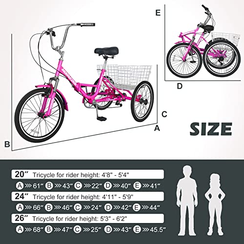 NAIZEA Adult Folding Tricycle Adult Tricycles, 7 Speed 20/24/26 Inch 3 Wheel Bike Cruiser Trike with Large Basket/Low-Step Through, Folding Adult Trikes Foldable Tricycle for Women, Men, Seniors