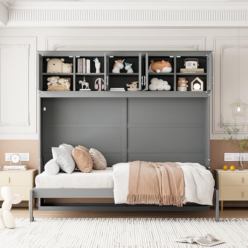 Full Size Murphy Bed with Built-in Wardrobe, 3 Drawers and 3 Open Shelves, Murphy Cabinet Bed with a Long Shelf, Bed Frame Can Be Folded Into A Cabinet, Space-Saving Design