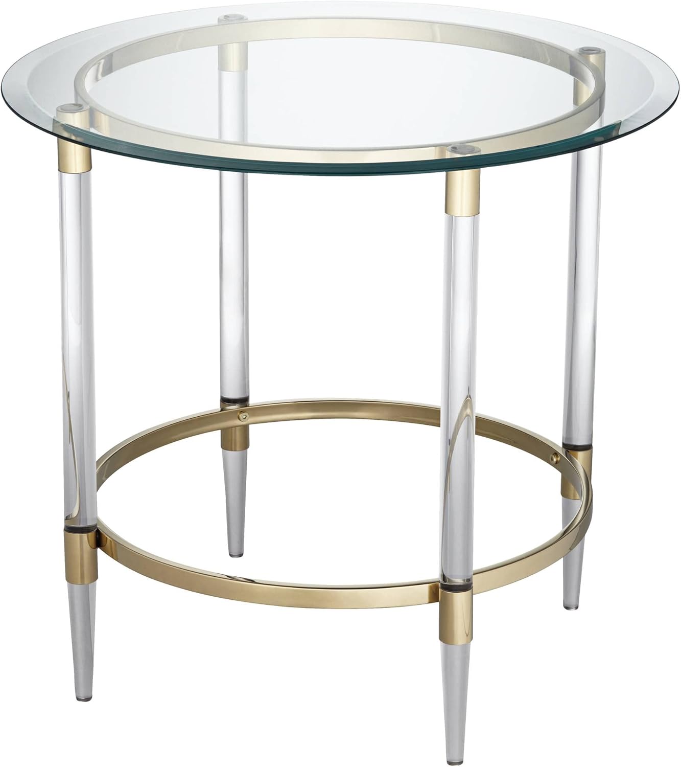 55 Downing Street Saarinen Modern Minimalist Glass Round Accent Side End Table 24 3/4" Wide Clear Gold Rings for Spaces Living Room Bedroom Bedside Entryway House Home Office Bathroom Decor