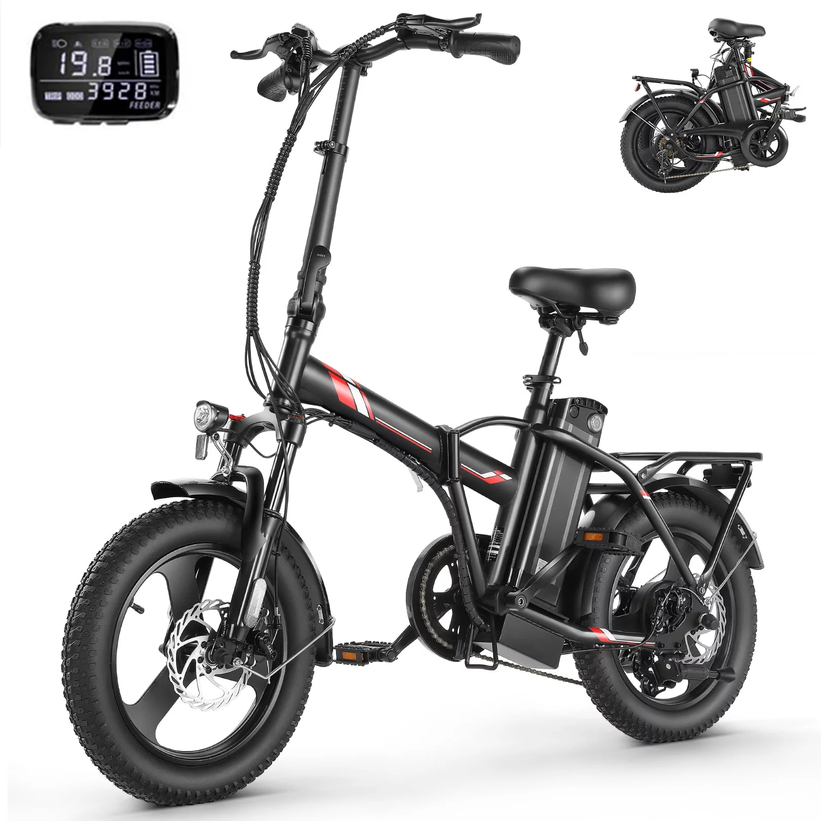 Elifine 16"×3.0 Fat Tire Folding Electric Bike for Adults, 350W Lockable Suspension Fork Electric Bicycle, LCD Display Foldable Ebike with 48V 7.8Ah Battery, 19.8 mph Snow Bike up to 50 Miles Range
