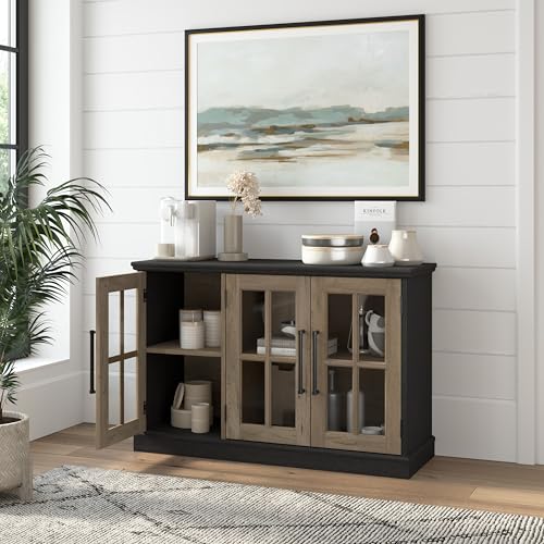 Bush Furniture Westbrook 46W Sideboard Cabinet with Glass Doors in White Ash | Storage Credenza for Dining Room or Kitchen Area