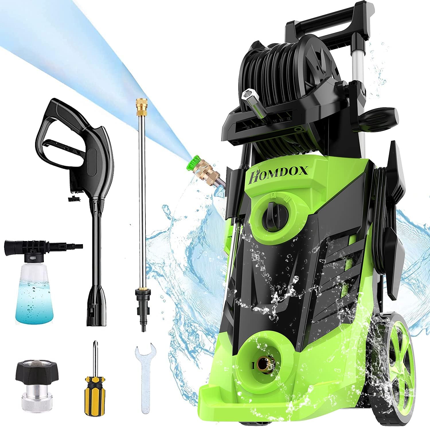 Homdox Electric Pressure Washer 2.25 GPM Power Washer 1800W High Pressure Cleaner with 4 Nozzles, Hose Reel, Detergent Tank Ideal for Home, Car, Garden (Green)