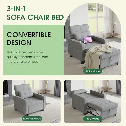 3-in-1 Convertible Sofa Chair Bed, Pull Out Leather Recliner Sleeper Sofa Chair Bed Couch with Cup Holders, USB & Type C Port,Side Pockets, Perfect for Living Room,Bedroom,Office (Black)