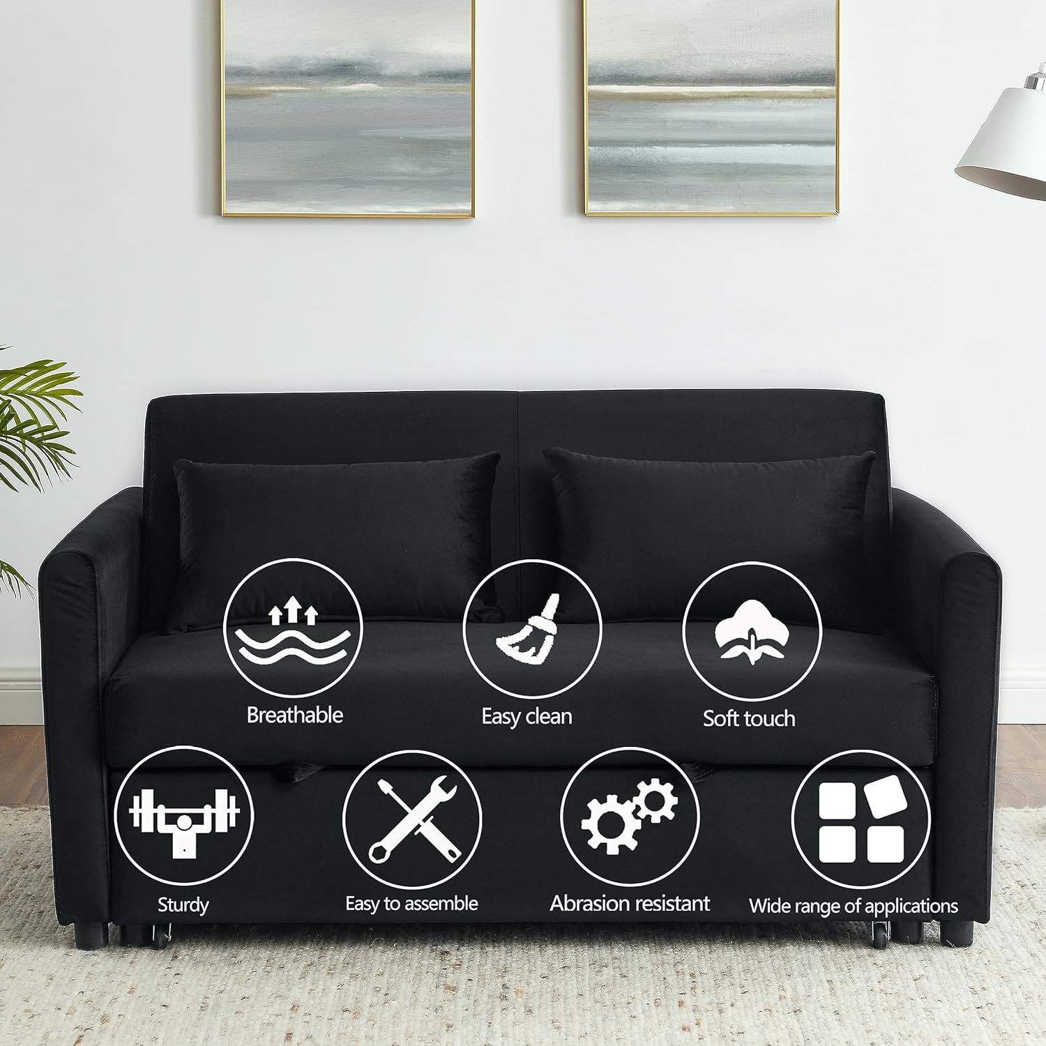 54 Inch Convertible Sleeper Sofa, 3-in-1 Versatile Velvet Loveseat with Pullout Bed, Couch with Adjustable Backrest, Lumbar Pillows and Side Pockets for Living Room Bedroom Apartment, Black