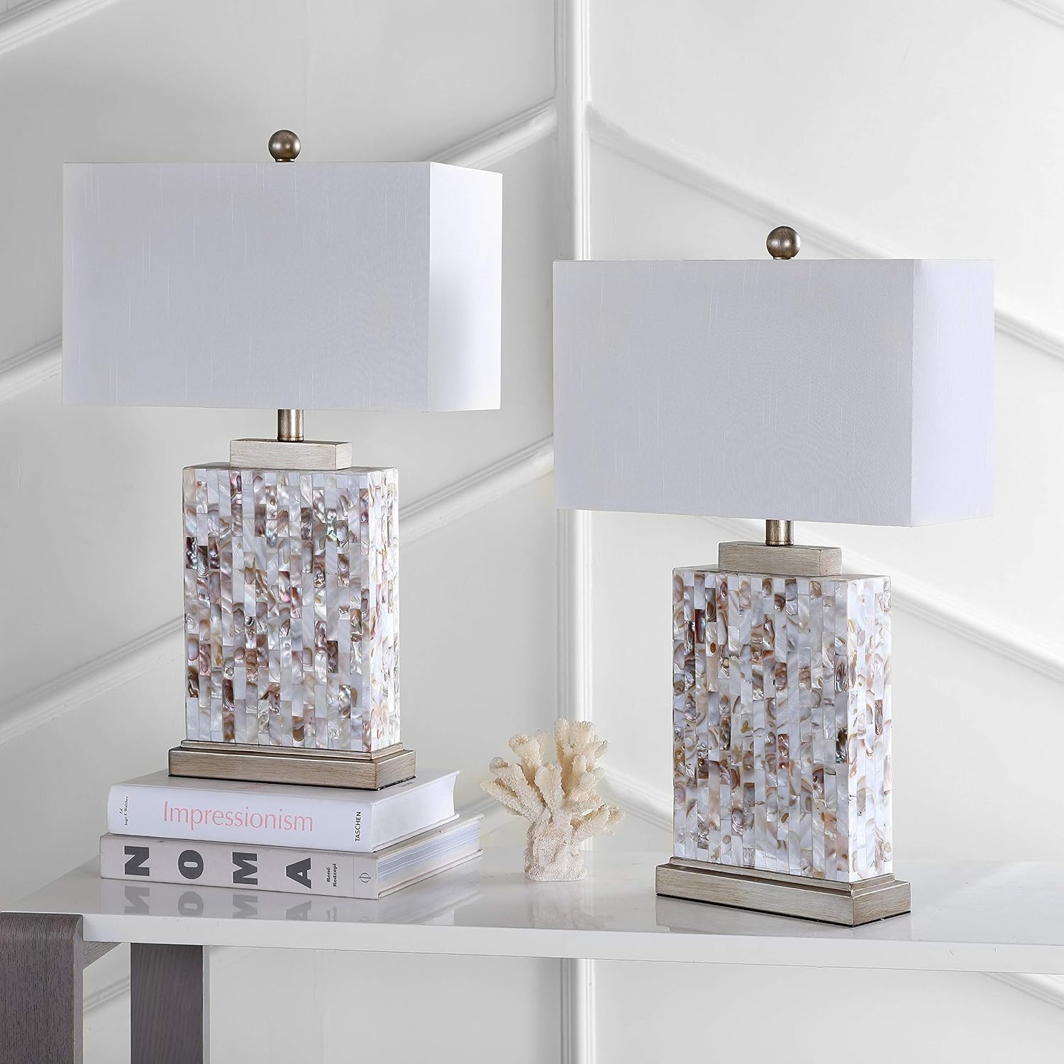 Safavieh Lighting Collection Tory Nautical Ivory Shell 25-inch Bedroom Living Room Home Office Desk Nightstand Table Lamp (Set of 2) - LED Bulbs Included