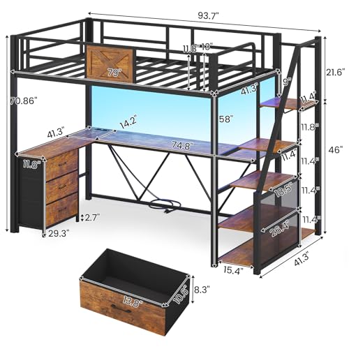 Itaar Stairway Twin Size Loft Bed with L Shaped Desk and Wardrobe, Metal Loft Bed Frame with Storage Stairs,3 Fabric Drawers, LED Lights & Charging Sation,No Noise & No Box Spring Needed, White