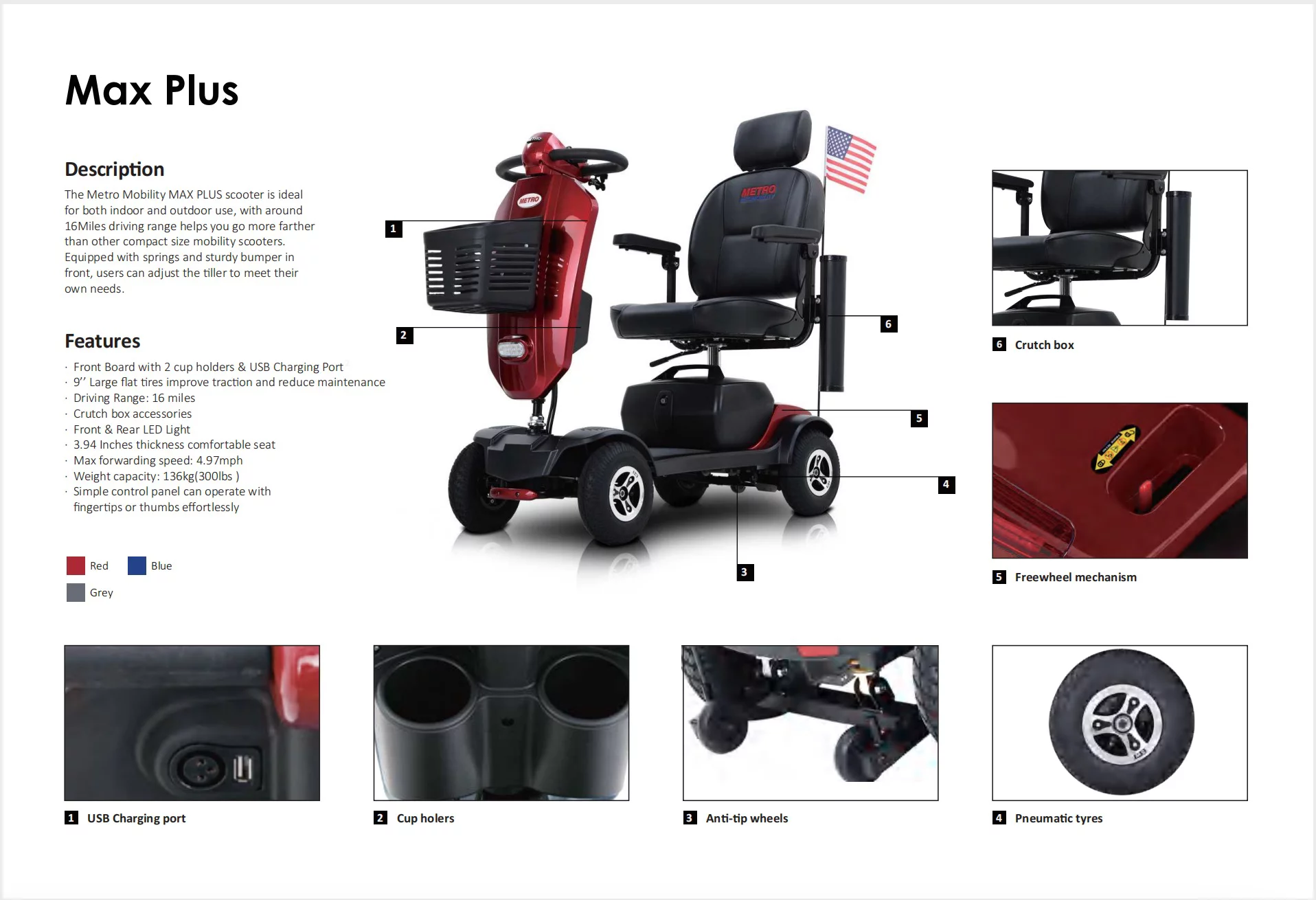 Metro Mobility Senior Scooter Folding Scooter 4 Wheel Scooter with USB Port Purple