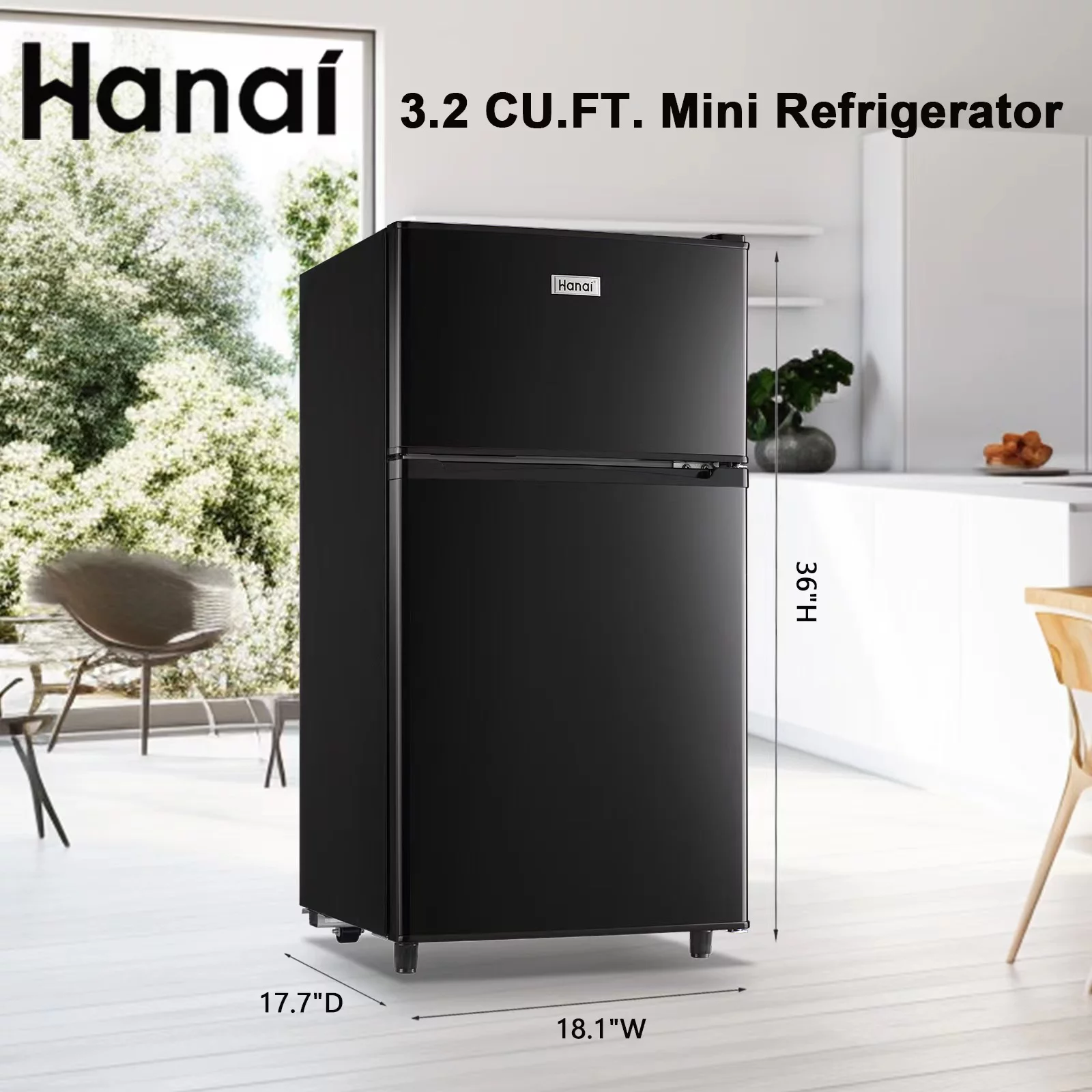 Compact Refrigerator Mini Fridge with Freezer, 3.2 Cubic Feet Retro Dual Door Small Refrigerator by WANAI with 7 Temp Modes, LED Lights, Removable Shelves, Ideal for Bedroom, Dorm, Office, Apartment