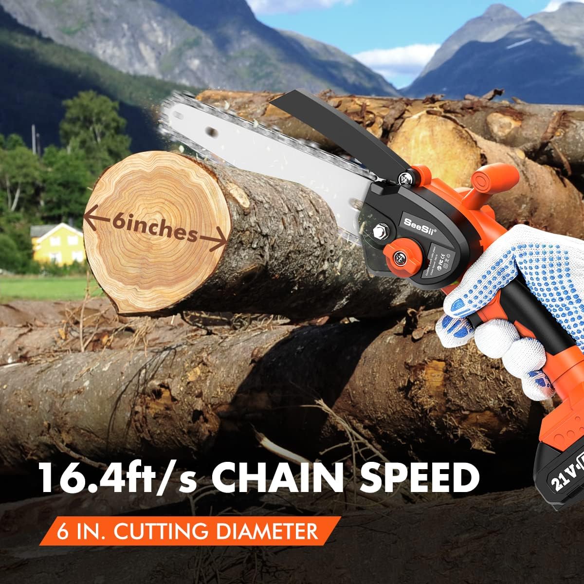 6" Mini Chainsaw, Seesii Portable Cordless Electric Power Chain Saw w/ Tool-free Chain Tension, Battery Indicator, 2022 Battery Operated Chainsaw for Tree Branch Wood Cutting Pack of 2