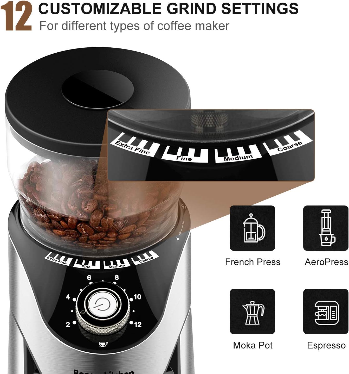 Electric Burr Coffee Grinder, Automatic Conical Burr Mill Coffee Bean Grinder with 12 Precise Grind Settings and Cup Selection, Large Capacity, Stainless Steel
