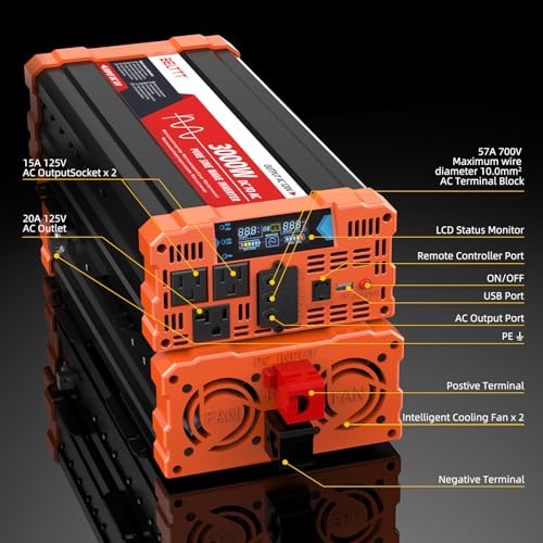 BELTTT 2000W Pure Sine Wave Inverter, Car Power Inverter 12V to 120V AC Converter for RV, Truck, Solar, Outdoor with Dual AC and 20A Socket, 5V 2.1A USB, Surge 4000W, Hardwire Port, Remote Controller