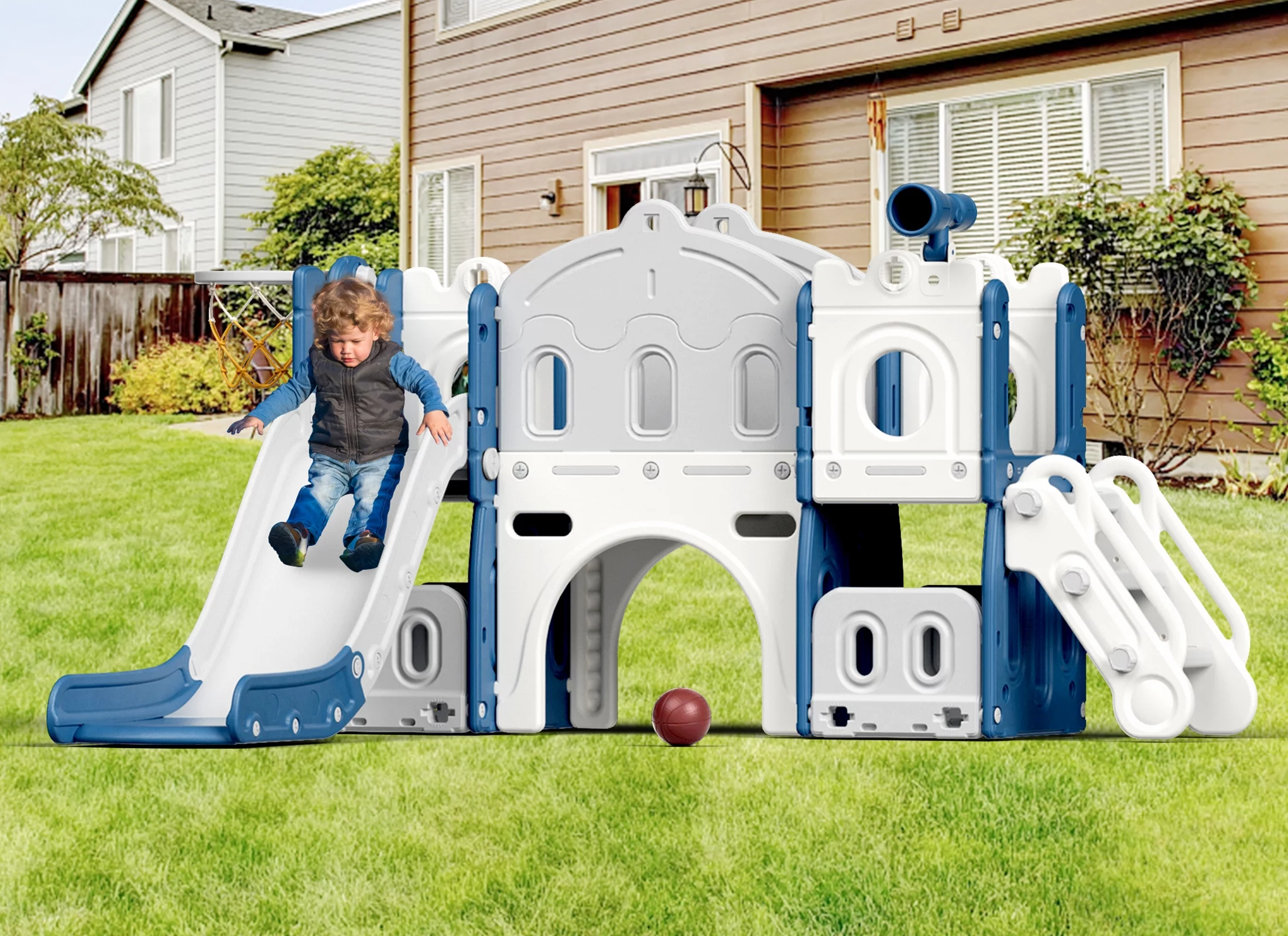 XJD 8 in 1 Toddler Slide with Climber, Kids Slide for Toddlers Age 1+,Basketball Hoop,Tunnel and Storage Space,Slide Toddlers Playset playground Outdoor Indoor play Set