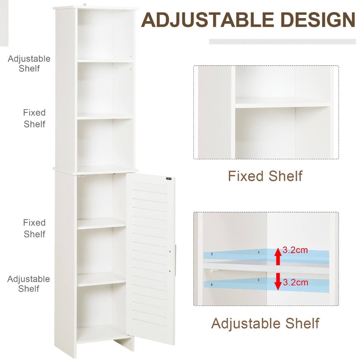 Kleankin Organizer Bathroom Tall Storage Cabinet w/ Door Tower Cupboard Open Shelves Freestanding Furniture - White