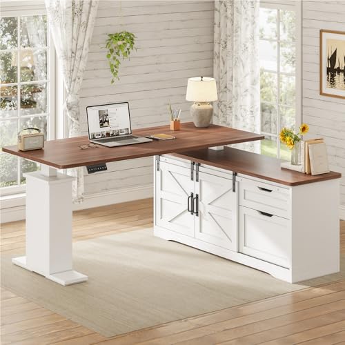 SEDETA Farmhouse L Shaped Standing Desk, 55 inch Height Adjustable Corner Desk with Storage Drawers, Standing Computer Desks with Power Outlets for Home Office, Black