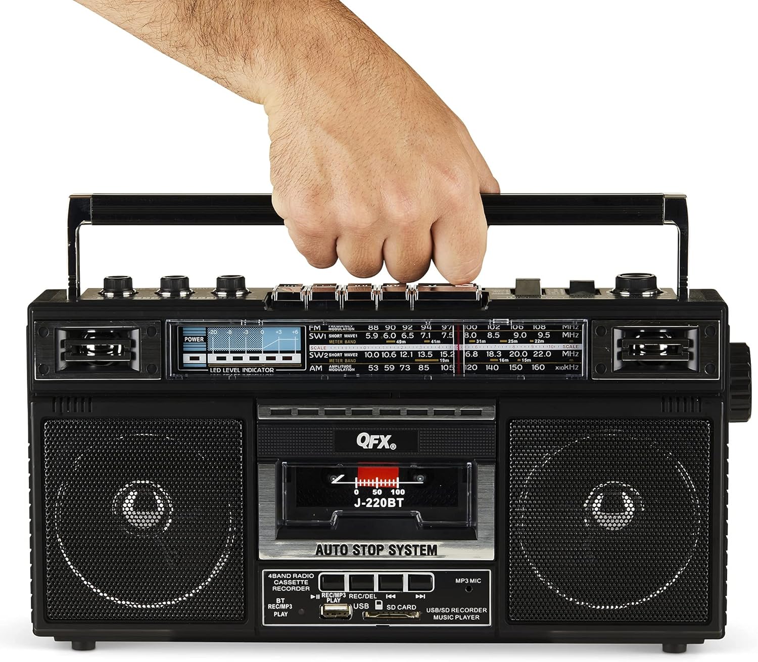 QFX J-220BT ReRun X Cassette Player/Recorder Boombox 4-Band (AM, FM, SW1, SW2) Bluetooth Portable Recording Boombox with Dual 3” Speakers, Built-in Microphone, 3-Band Equalizer Pack of 2