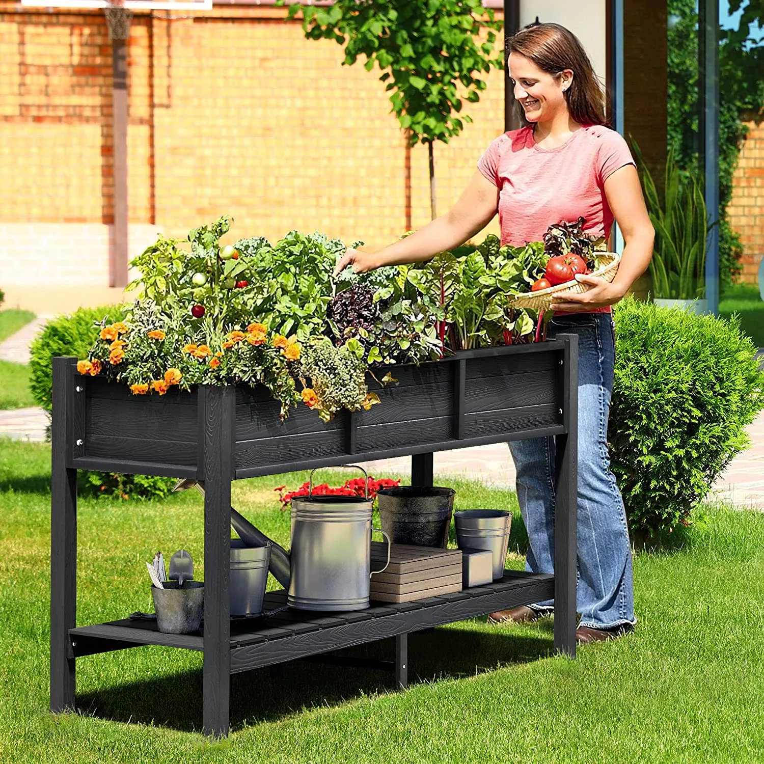 DWVO Outdoor Elevated Raised Garden Bed Planter Box with Legs & Shelf for Vegetables,Black