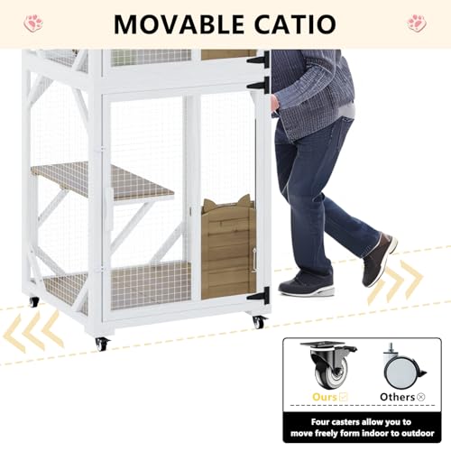 LEMBERI Cat House Outdoor Catio Cat Enclosures on Wheels, 71" Large Outside Patio Wooden Cat Cage Resting Box,Scratching Post, Waterproof Roof (Gray, 71")