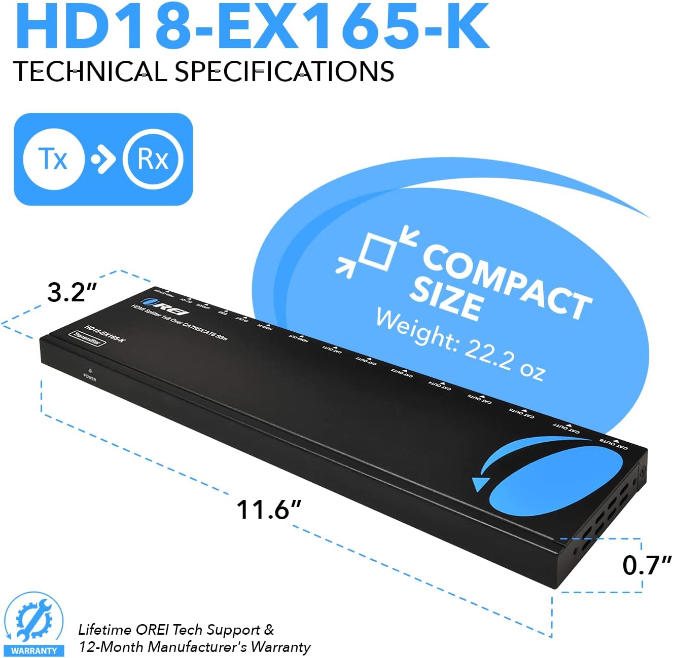 OREI 1x8 HDMI Extender Splitter Multiple Over Single Cable CAT6/7 1080P with IR Remote EDID Management - Up to 165 Ft - Loop Out - Low Latency - Full Support