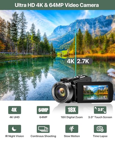 4K Video Camera Camcorder 64MP Vlogging Camera for YouTube 18X Digital Zoom 3.0" IPS Screen IR Night Vision with External Stereo Microphone,Handheld Stabilizer,Remote,Lens Hood,32G Card &2 Batteries