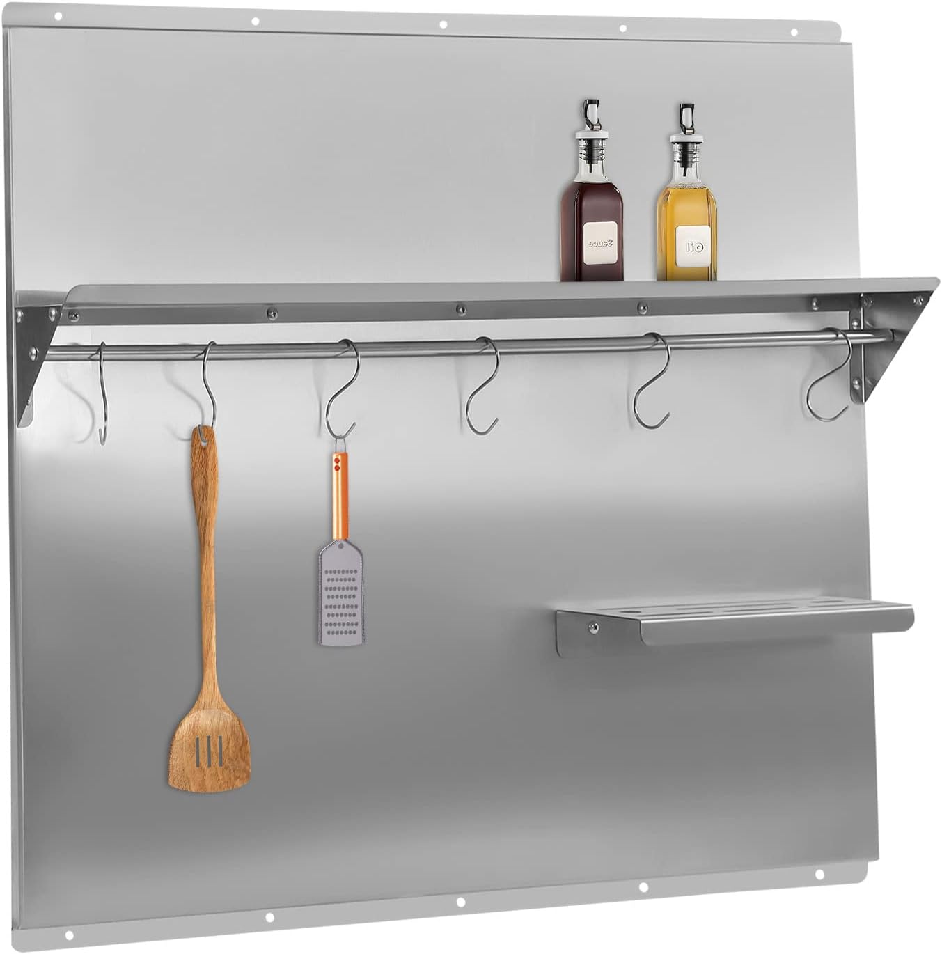 Range Backsplash with Shelf 36x 29.5 Inch Range Hood Wall Shield, Stainless Steel Backsplash Silver Splash Plate for Range Hood Stainless Backsplash with Built-in Storage Shelf and Hanging Rack