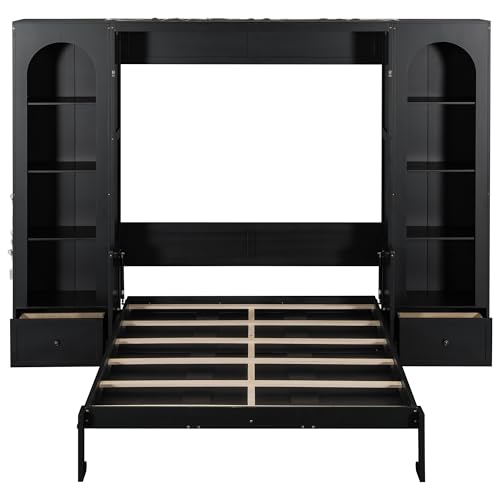 KLMM Wooden Murphy Bed Wall Bed with 2 Wardrobe and Storage Shelf,Foldable Platform Bedframe for Guest-Room Bedroom Study Office Use (White#E, Full)