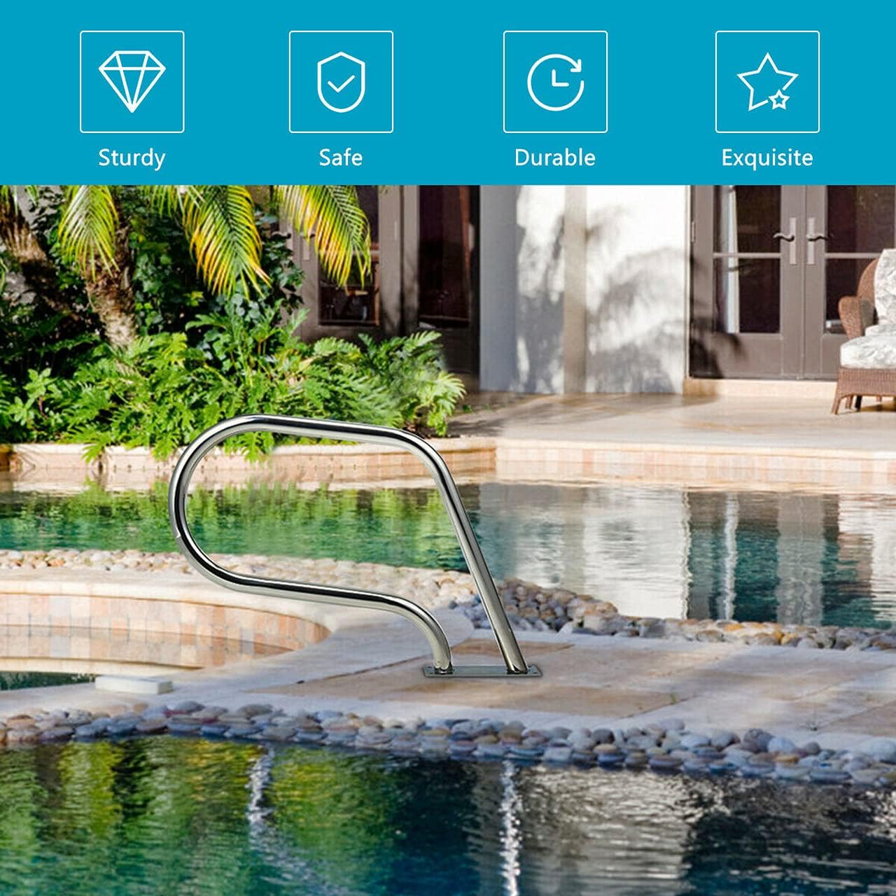 Swimming Pool Hand Rail for Inground Swimming Pools Easy Mount Hand Grab Rail, Stainless Steel Swimming Pool Stair Rail w/Base Plate 30.5×22.5 Swimming Pool Rails