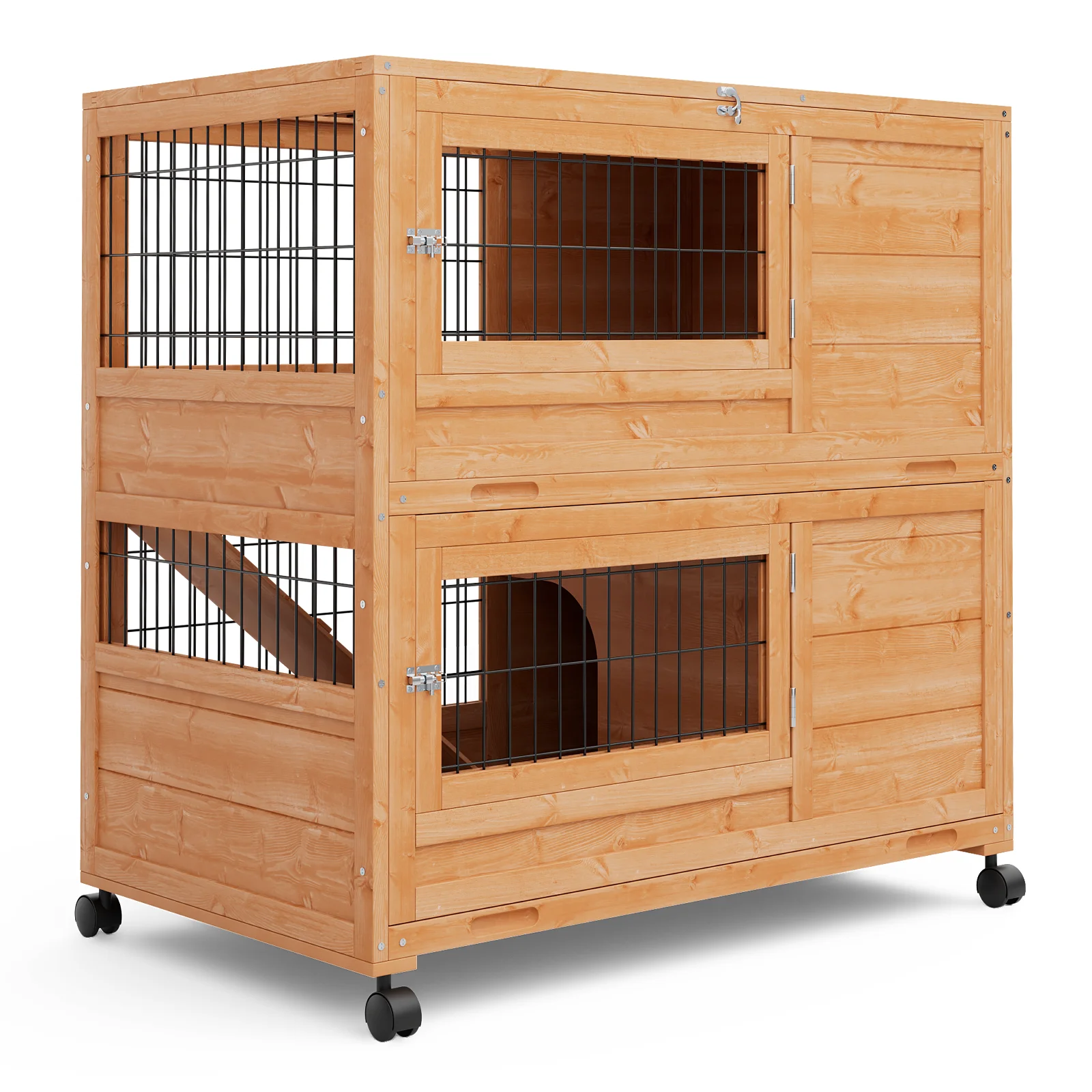 MoNiBloom 35.5" Wooden Rabbit Hutch w/2 Slide-Out Trays, Anti-Slip Ramp Bunny Cage w/4 Wheels, Natural - Curated Treasures Market