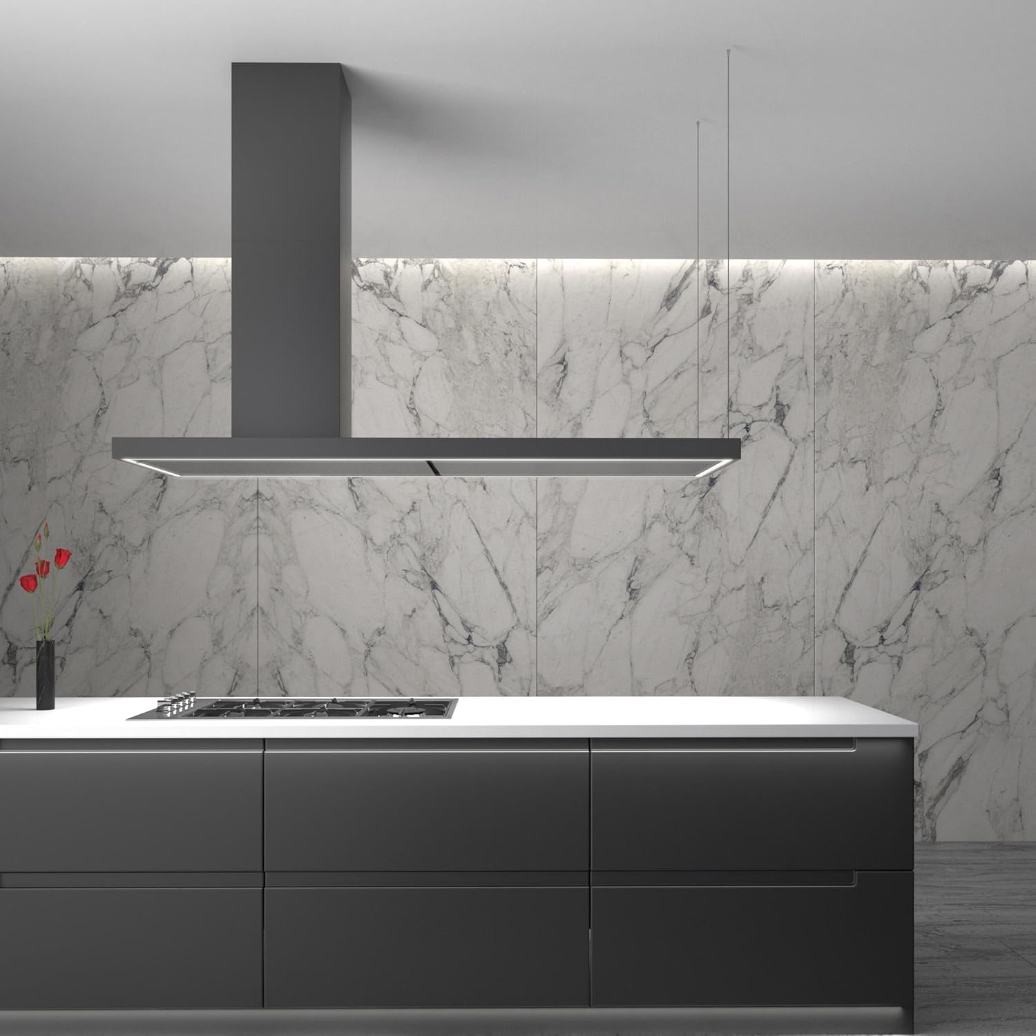 Futuro Futuro Turo Black 69 Inch Island-mount Range Hood, Contemporary Design, Offset, Painted steel, LED, Ultra-Quiet, with Blower